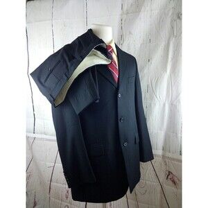Kasper 44L Wool 3 Button Black Pinstripe 2pc Suit 36x29 Pleated